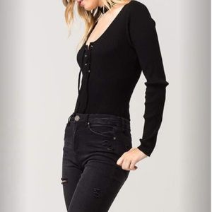 Nwt Black long sleeve Lace up front bodysuit